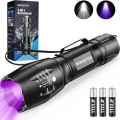 UV Torch LED Torch 2 in 1 Black Light with 4 Modes Waterproof 395nm UV Light Super Bright 500lm for Inspection Pet Urine Detecting Camping Including Accessories 3 AAA Batteries