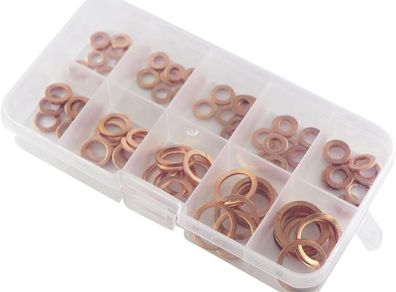100x Copper Washer Gasket Nut and Bolt Set Flat Ring Seal Assortment Kit with Box M8 M10 M12 M14 for Sump Plugs