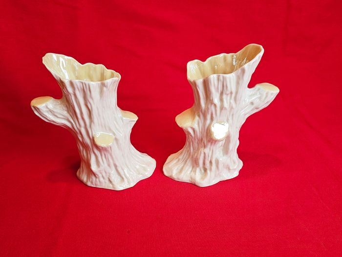 Pair of Belleek Tree Stump Vases (Spill Vases), 5th Mark, Ireland
