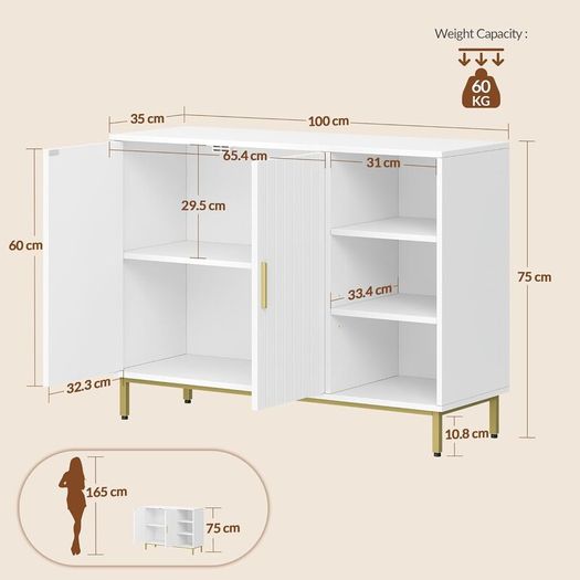 Sideboard, Kitchen Cabinet, Freestanding Bathroom Cabinet with Two Doors, Adjustable Shelves