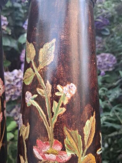 Stunning Pair Of Hand Painted Art Nouveau Hardwood  Candlesticks 12"