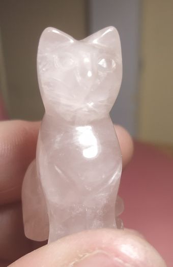 Carved Cat Figurine in Rose Quartz Stone