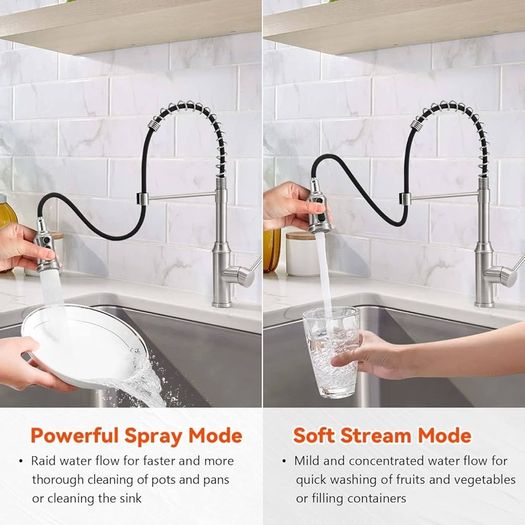 NEW SALE | Brushed Kitchen Tap,Spring Kitchen Taps with Pull Out Spray,3 Spray Modes 360 Degree Swivel High Arc Single Handle Kitchen Sink Mixer Tap with Pull Down Sprayer