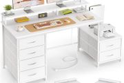 128cm Desk with Fabric File Cabinet Computer Shelves and Drawers Writing Table Monitor Stand Study Workstation for Home Office White