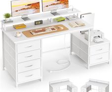 128cm Desk with Fabric File Cabinet Computer Shelves and Drawers Writing Table Monitor Stand Study Workstation for Home Office White