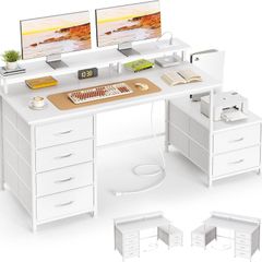 128cm Desk with Fabric File Cabinet Computer Shelves and Drawers Writing Table Monitor Stand Study Workstation for Home Office White