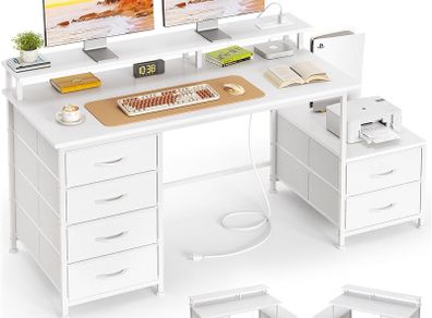 128cm Desk with Fabric File Cabinet Computer Shelves and Drawers Writing Table Monitor Stand Study Workstation for Home Office White