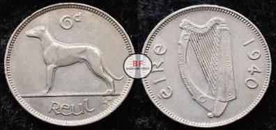 [#2313] - Ireland 1940 | Irish 6d | Six Pence | Wolfhound | KM.13