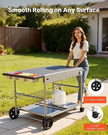 Outdoor Grill Cart Grilling Table Movable Outdoor Cooking Table with 4 Spice Containers, Wheels, Lids, Hooks
