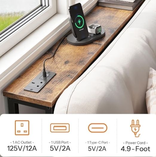 200 cm Slim Console Table with 2 Charging Stations, Narrow Behind Sofa Table, Long Hallway Table with Adjustable Feet, for Hallway, Living Room, Rustic Brown and Black