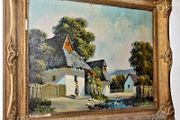 Antique oil painting of a thatched cottage
