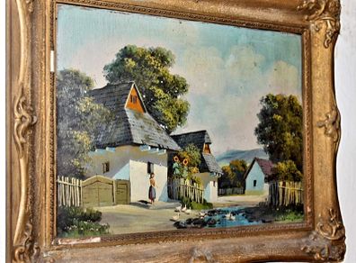 Antique oil painting of a thatched cottage