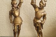 Antique pair of painted &amp; gilded knights in armour candleholders