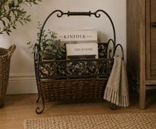 Antique metal and wicker magazine rack. Vintage antique magazine rack.
