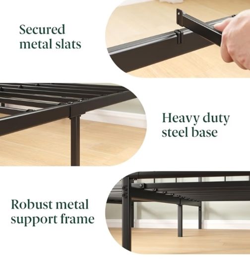 Double Bed Frame with Headboard 4ft6 135 x 190 cm 11.8 Height Metal Bed Base with Steel Slat Support - Storage Space Underneath Modern Design  Easy Assembly  Black