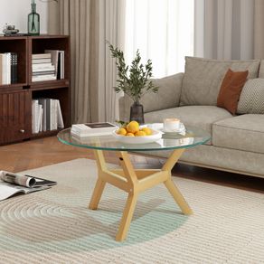 Round side table made of tempered glass with adjustable foot pads and steel frame