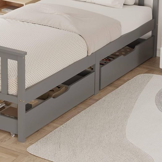 Single Bed Frame with Storage Drawers, Sturdy Bed Base for Kids Adults, With Footboard, Wood Bed Frame Without Mattress Grey