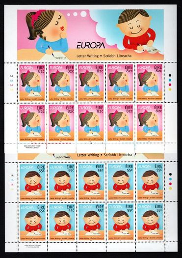2008 Ireland 55c & 82c Europa (Letter Writing) Commemorative Stamps Sheetlet Plate 1A1A1A1A Mint Never Hinged (MNH)
