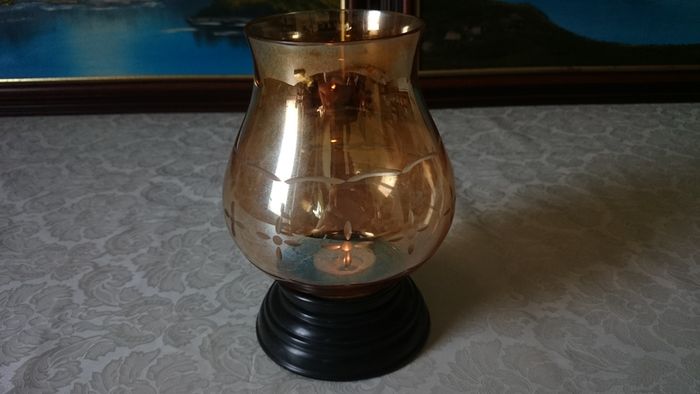 Vintage Etched Amber Glass Hurricane Lamp With Black Base Stand