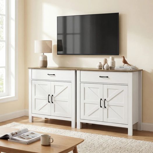 Sideboard, Storage Cabinet with 2 Barn Doors, Drawer and Adjustable Shelf, 77 x 39.3 x 81.5 cm