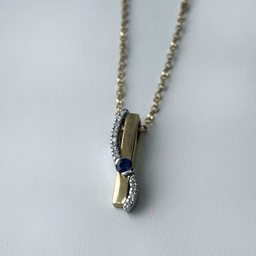 Two Tone 9ct Gold 0.06ct Diamonds and Sapphire Pendant