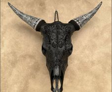 Wall Art - Authentic Black Carved Cow Skull