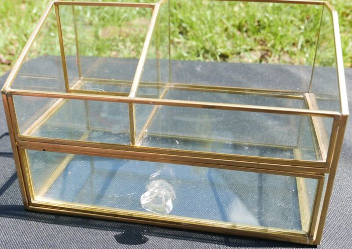 Vintage Gold clear glass large storage jewelers makeup box 7,2" x 4,4" H-3"