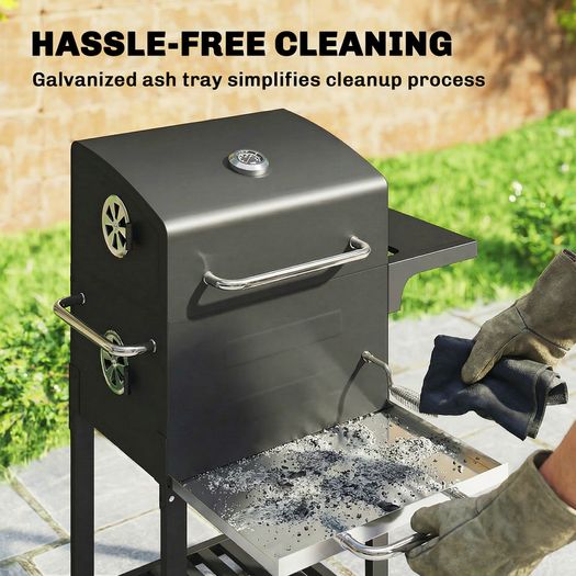 Portable Charcoal Grill with Stainless Steel Grates Side Shelf Thermometer Ash Pan and Wheels Black