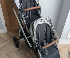 Uppababy Vista Emmett Green Double Buggy with Bassinet Adapters Raincovers and Insect nets