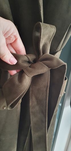 MADISON khaki midi length coat with stud detail open front with tie Sz L (12-16 UK) - Rrp 289 (New)