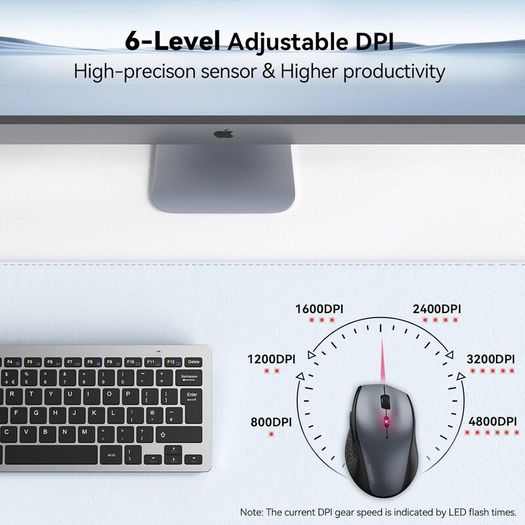 Wireless Mouse for Laptop, 4800 DPI Optical Computer Mice with 6 Adjustable Levels, 30 Months Long Battery Life 2.4G Cordless USB Silent Mouse for Notebook, PC, Office Home Work - Grey
