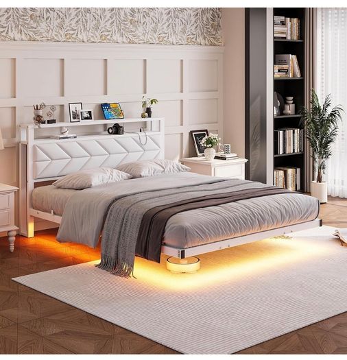 4ft6 Floating Double Bed Frame Upholstered Platform Bed with Storage Shelf Headboard,Charging Station/LED Lights,Metal Slat Support/Noise Free,No Box Spring Needed,135x190 Double Size,White