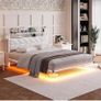 4ft6 Floating Double Bed Frame Upholstered Platform Bed with Storage Shelf Headboard,Charging Station/LED Lights,Metal Slat Support/Noise Free,No Box Spring Needed,135x190 Double Size,White Image 8
