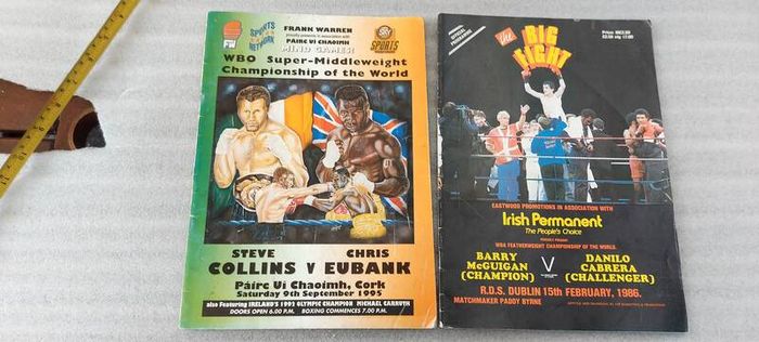 2 x boxing programmes,, Barry mcguigan fight 15th February 1986  R.D.S dublin ,and Steve Collins fight,9 September 1995 Cork, , 2 x irish boxing champions,,2 x legends of irish boxing...