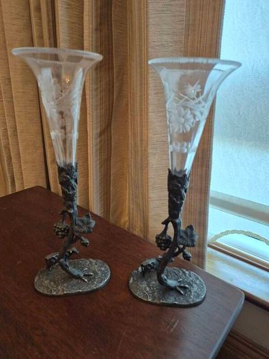 Vintage Glass Flutes with Ornate Metal Base