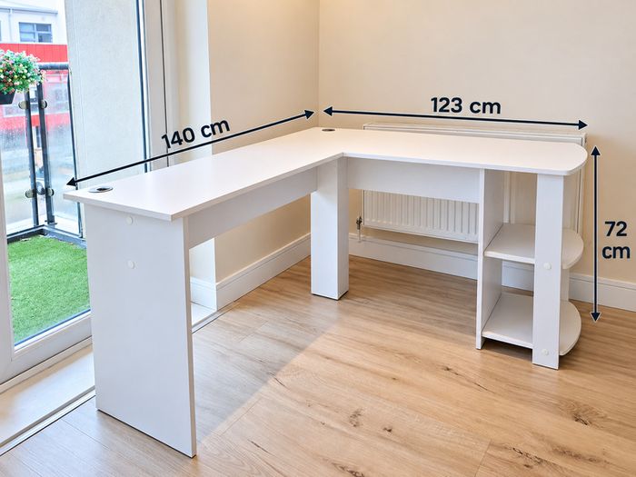 White Corner Desk L-Table with Shelves 140x123CM