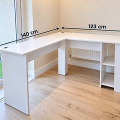 White Corner Desk L-Table with Shelves 140x123CM