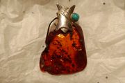 Baltic amber , silver and turquoise pendant