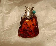 Baltic amber , silver and turquoise pendant