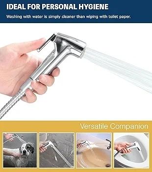 Handheld Bidet Sprayer Kits for UK Toilet Douche_ Shattaf Bidets with Bidet Hose, Spray Holder and T-Adapter  Glossy Silver