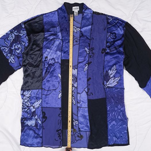 Chico's Blue & Black Patchwork Floral Print Silk Sheer Open-Front Kimono Duster 10-14UK/38-42EU