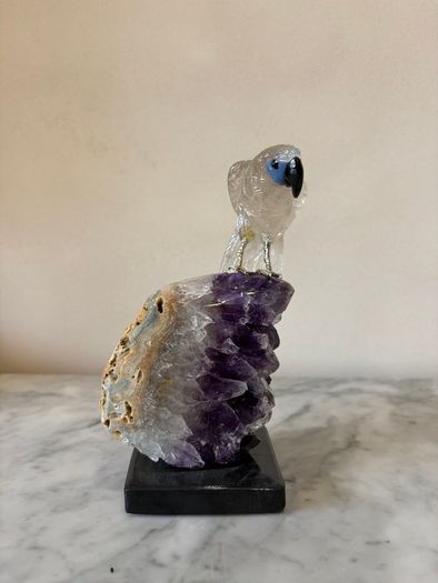 Clear Quartz Parrot on Deep Purple Amethyst Geode Base