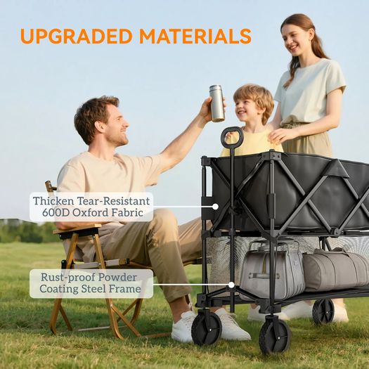 Double Decker Folding Festival Trolley on Wheels, 200KG & 350L Capacity Collapsible Wagon Festival Trolley Cart with 134cm Extended for Camping Sports Shopping Garden and Beach, Black