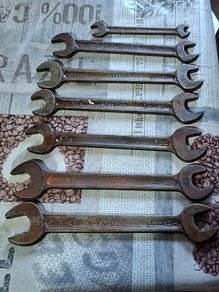 7 Superslim double-ended open-jaw spanners (wrenches), used in classic British automotive tool kits (such as Austin, Morris, Jaguar, and Land Rover