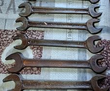 7 Superslim double-ended open-jaw spanners (wrenches), used in classic British automotive tool kits (such as Austin, Morris, Jaguar, and Land Rover