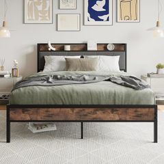 King Size Bed Frame with Storage Wooden Headboard,5ft Metal Upholstered