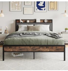 King Size Bed Frame with Storage Wooden Headboard,5ft Metal Upholstered