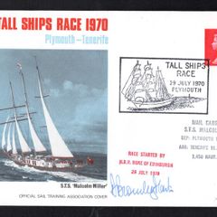 1970 Great Britain Signed Cover commemorating TAll Ships Race 1970 (Plymouth -Tenerife) with associating frank from Plymouth and received in Tenerife with cover carried on STS Malcom Miller.