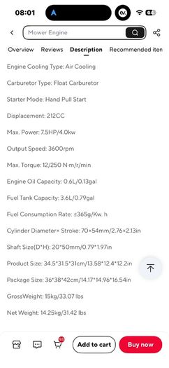 7.5 HP Petrol engine, 20mm Shaft OHV Pull Start Air Cooled Petrol Engine for Generator Water Pump Go-Kart