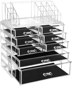 _Cosmetic Organiser Makeup Box Clear Cosmetic Box with 8 Drawers and Black Inserts for Lipstick and Other Makeup and Jewellery - Clear